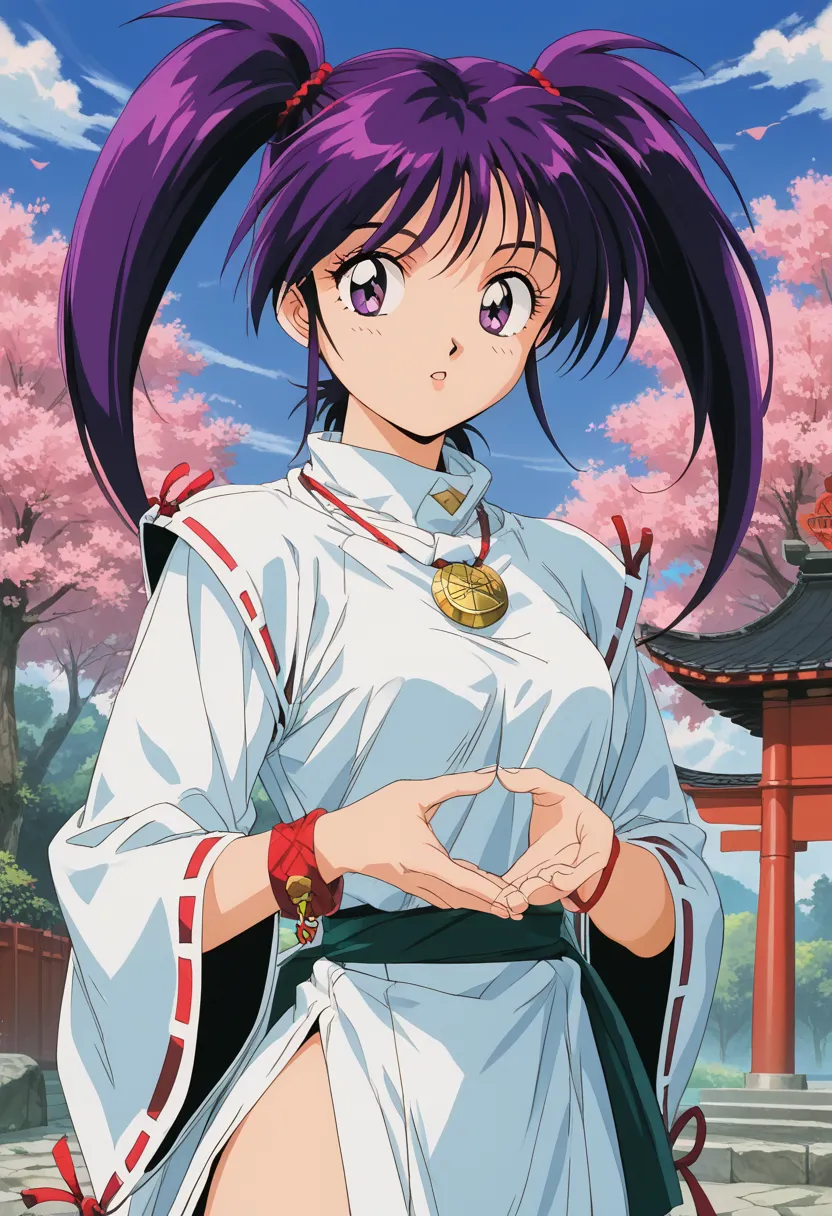 1girl, solo, 
twintails, purple hair, 1980s (style), yi xiaoming, long hair, 
kawaii,Cute, retro artstyle, looking at viewer, amulet, amulet in hand, dynamic pose, 
outdoors, shrine, blue sky, clouds, trees, 
score_9, score_8_up, score_7_up, score_6_up, sc...