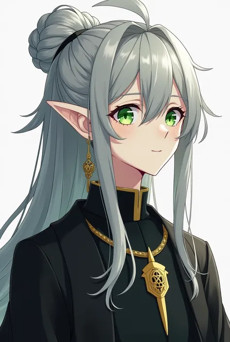 half elf male gray long hair with gray long hair gathered from behind into a bun shape but with slightly messy hair elf wearing multiple earrings in black priest clothes with white skin green eyes in gold necklace bun with white skin will not fall behind i...