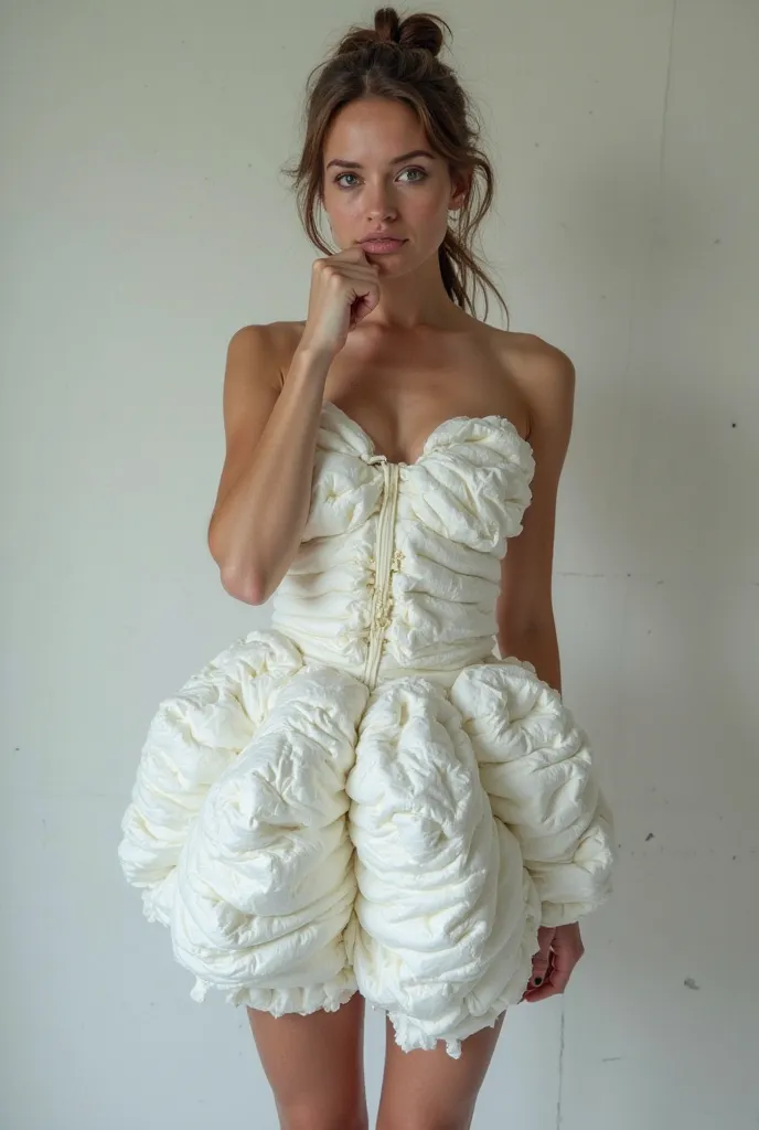 A crazy fashion designer made a dress using only used diapers : The model wearing this dress pinches her nose and her face shows disgust