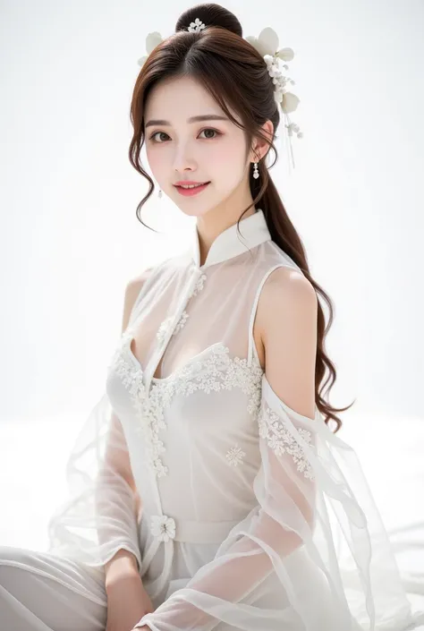 best qualtiy, hyper-high detail, upper body shot，sit on the ground, Refined face，Coiled hair，traditional Hairpins，pretty face，Skin reflection，25 years old woman，slimfigure，Shy，Smaller bust，cropped shoulders，white openwork cheongsam hanfu，High split end，bac...