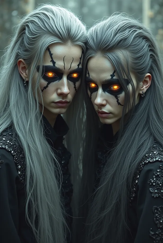 Realistically, two musical brothers in a black metal band with long white silver and ash white hair, ils ont les yeux dorés et la beauté du diable et tous les deux portent un maquillage black metal