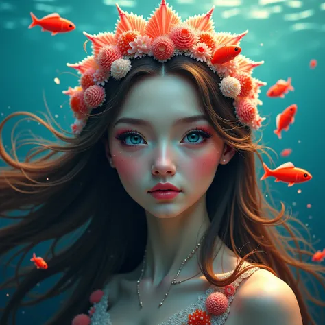 beautiful queen of the sea, detailed portrait of a beautiful female sea goddess with long flowing brown hair, crown of shells, red fish ,colorful, high quality, cinematic lighting, dramatic atmosphere, epic fantasy, fantasy art, digital painting, 8k, hyper...