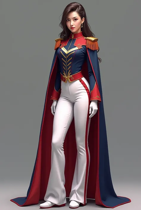 Give me a simple lay out for drum and lyre corp for band major, the color for the pants is white and red and the up is deep blue and red with cope Male show me all over up and down and the back