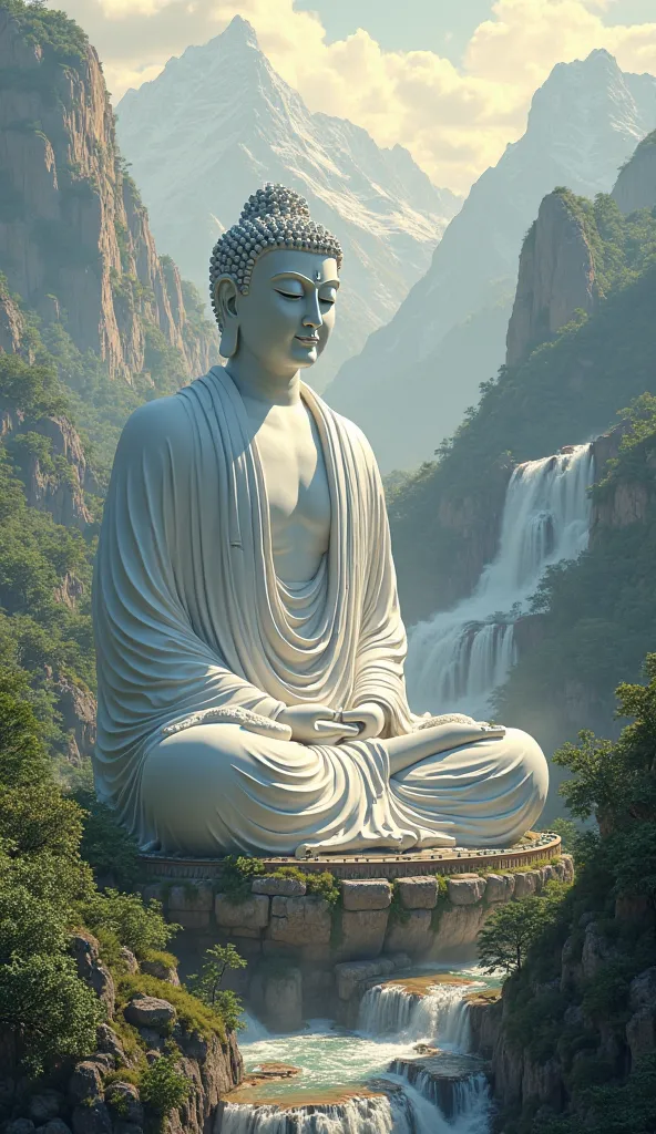 A large white Buddha statue meditating in peace, mountains, forests, waterfalls and sunlight.