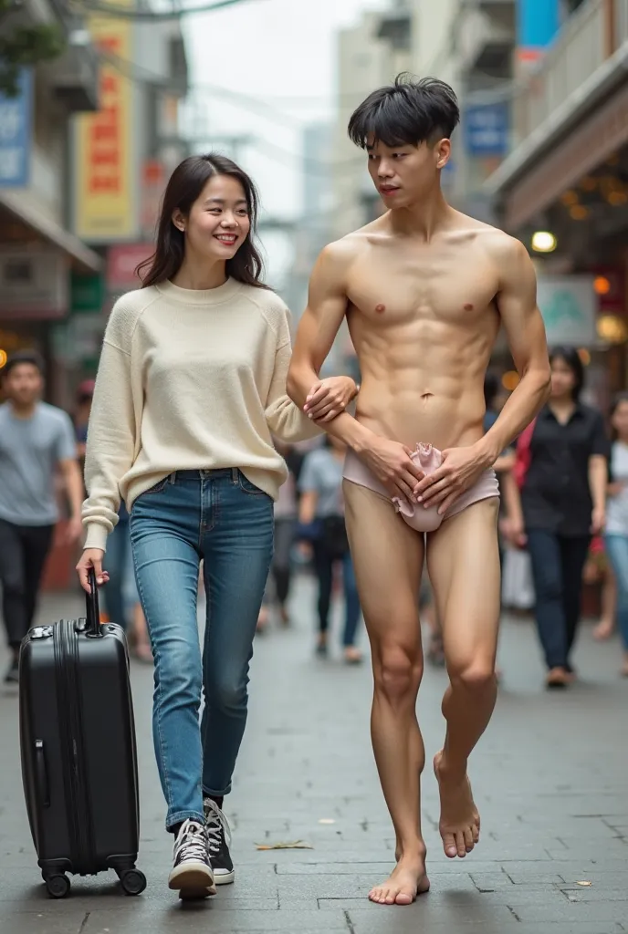 Taiwan street in Taiwan full of passers-by who laugh when they see that a married couple, a Taiwanese woman wearing a cream sweater, blue jeans and black sneakers, with a suitcase with brown wheels, is walking down the street accompanied by her husband, a ...