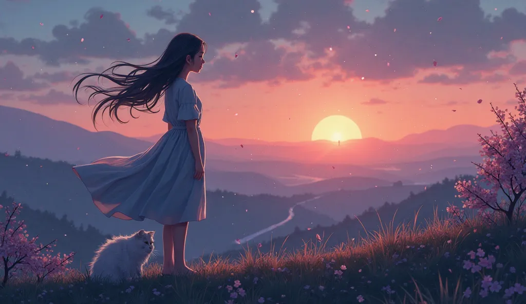 A semi-realistic illustration of a young woman standing alone on a quiet hill at sunset, overlooking a vast landscape bathed in soft twilight hues of deep blue, purple, and warm orange. A gentle evening breeze lifts her long hair and the flowing fabric of ...