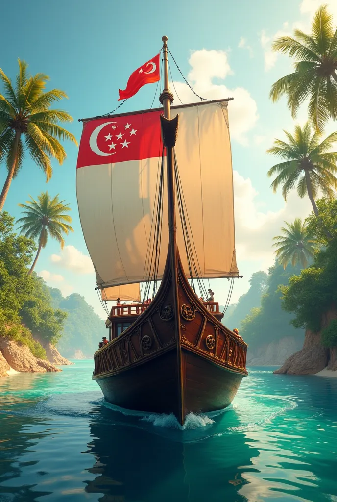 A jung boat travelling on a map with both Singapore and Malaysia flags soaring high