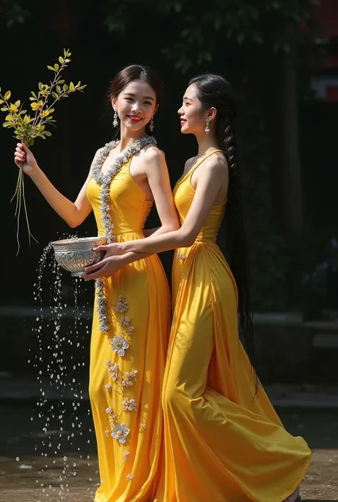 A highly realistic, photography-style digital artwork of a young Chinese actors couple celebrating the Thingyan Water Festival.   "A beautiful chinese woman  tall and perfect body performing a traditional Myanmar dance pose against a dark background. She w...