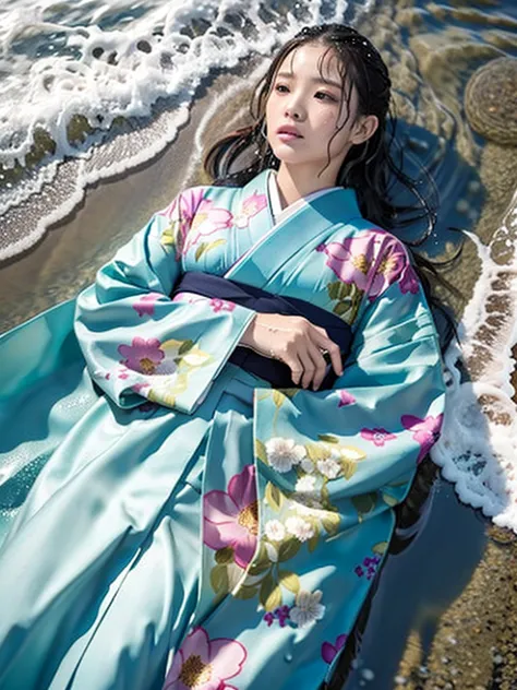 realistic, Long-sleeved kimono,  similarly , long  similarly ,  floral kimono, wet close, wet clothes,  wet shiny clothes ,  clothes with a wet texture , clothes that fit the body, wet close, wet, Submerged in water, Sinking into the sea, lying down, Hit b...