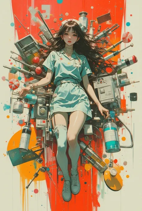 (masterpiece, best quality), print collage depicting,Solo,(cute girl is floating in hospital),20yo,nice hip,surrounded by syringe and tablets symbols,wearing grunge nurse uniform,paint splatters, collage art, contemporary artistic collage,