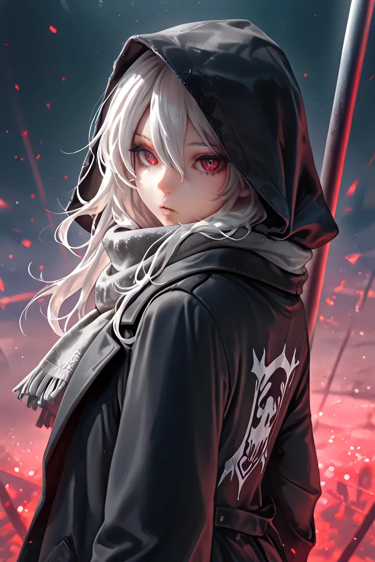 masterpiece, best quality, detailed eyes, semi realistic, 8k, girl, cute, small, pure, oversized black hood coat, black jean, gray scarf, white sweater, short long white gray hair, emotionless, calm, red eye, midnight city, solo character. looking at viewe...