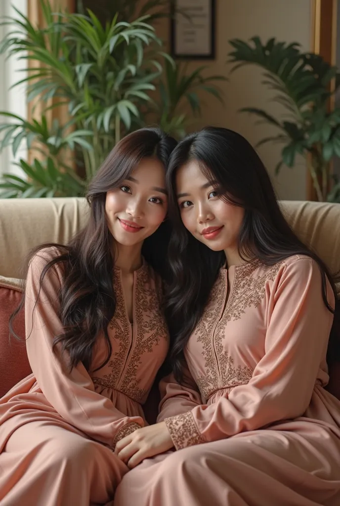 (photorealism:1.2), two beautiful woman, sitting on sofa, long hair, indoors, soft lighting, plants in background, cozy room, relaxed pose, realistic, intricate details, posing for camera, baju kurung