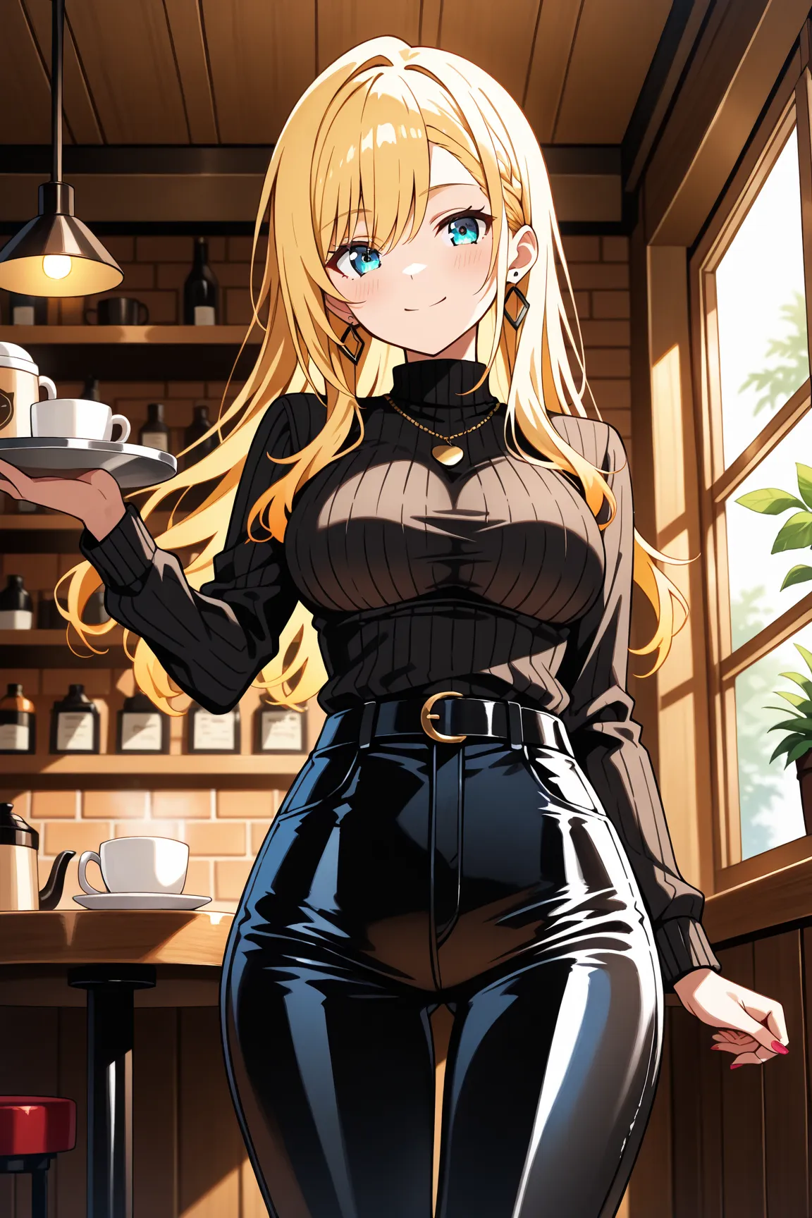 「カフェでのファッションスナップ」
Cute girl, (masterpiece: 1.2), (best quality: 1.2), (high definition: 1.1), elegant blonde gyaru in black turtleneck sweater and leather pants, sipping latte in trendy cafe. Warm indoor lighting, rich coffee shop color palette. Anime styl...