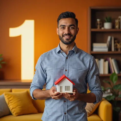 
*"A highly detailed, professional real estate advertisement with a warm orange gradient background, transitioning from deep burnt orange at the edges to a golden glow in the center.

In the foreground, a young Egyptian man with tan skin, short dark hair, ...