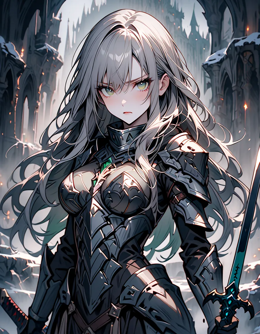 Fantasy Girl, Beautiful girl, Holding a sword, light armor, black armors, fantasy setting, dark grey hair, Long hair, silky hair, fair skin, Grey green eyes, shark eyes, cold expression, indifferent expression, big breasts, fair breasts, posing with sword,