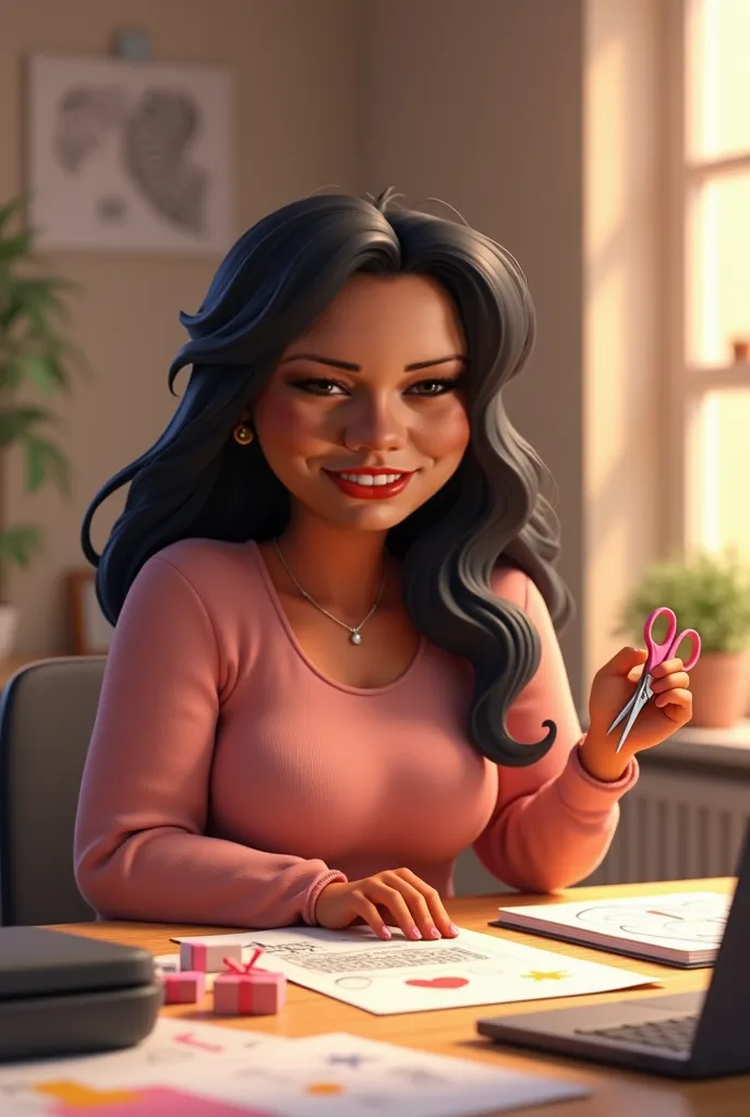 3d pixar style,  30-year-old woman, brown color,  with long black hair,  overweight, with black eyes, long lashes and smile, discreet neck necklace, gold ring on the left hand, little earrings holding pink scissors in one hand and sitting in his graphic de...