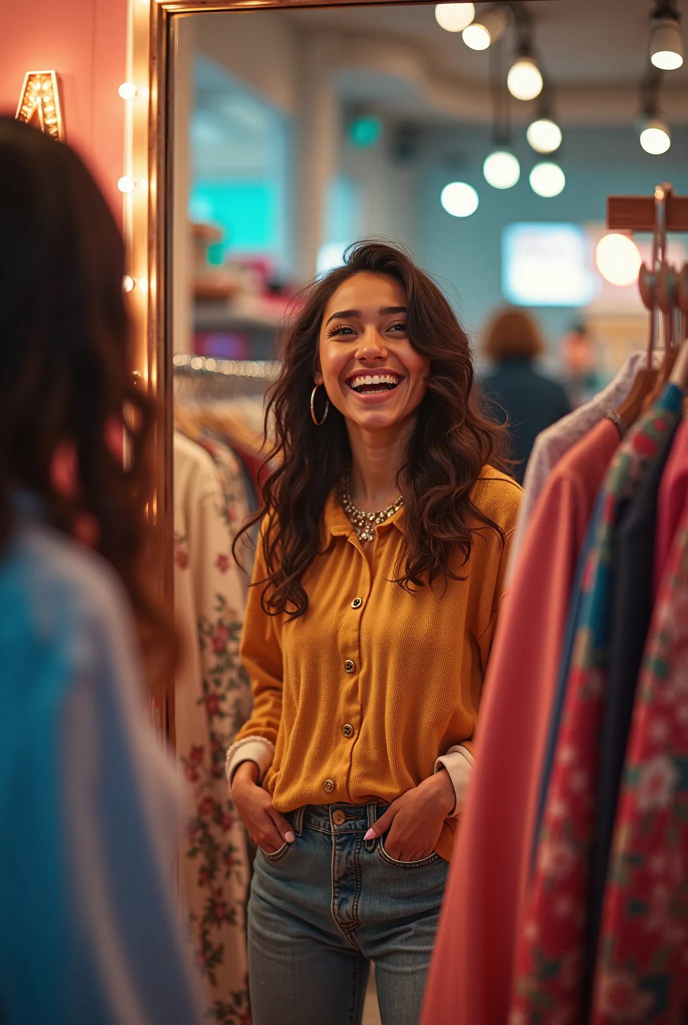 Youth women's clothing background and a girl trying on clothes and in the left corner of the initial image of letters M & a