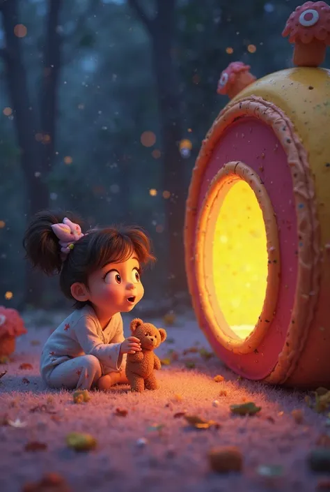 Mostre Food se aproximando da arca de brinquedos, with curious expression and surprise,  in Disney Pixar style. The ark is large , colorful and mysterious. She must be slightly open, with a soft glow coming out of the inside, suggesting that there is somet...