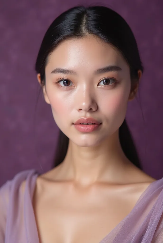 Portrait of a woman with pristine, porcelain-like skin, minimalist makeup, and sleek, center-parted hair, perfect for a luxury beauty key visual. Her eyes are softly highlighted, and her lips have a natural, rosy sheen. The background is a rich, velvety pu...