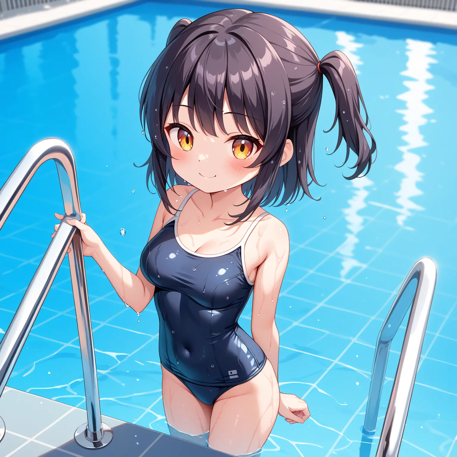 {best quality}, {very aesthetic}, {ultra-detailed}, {best illustration}, {masterpiece}, {detailed beautiful eyes}, {extremely detailed}, nsfw, cute female,  medium breasts, ,shiny black old school swimsuit, wet, poolside:1.4), , , (loli, little, ultra cute...