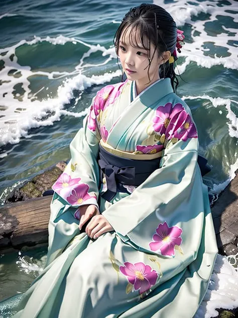 realistic, Long-sleeved kimono,  similarly , long  similarly ,  floral kimono, wet close, wet clothes,  wet shiny clothes ,  clothes with a wet texture , clothes that fit the body, wet close, wet, Submerged in water, Sinking into the sea, lying down, Hit b...