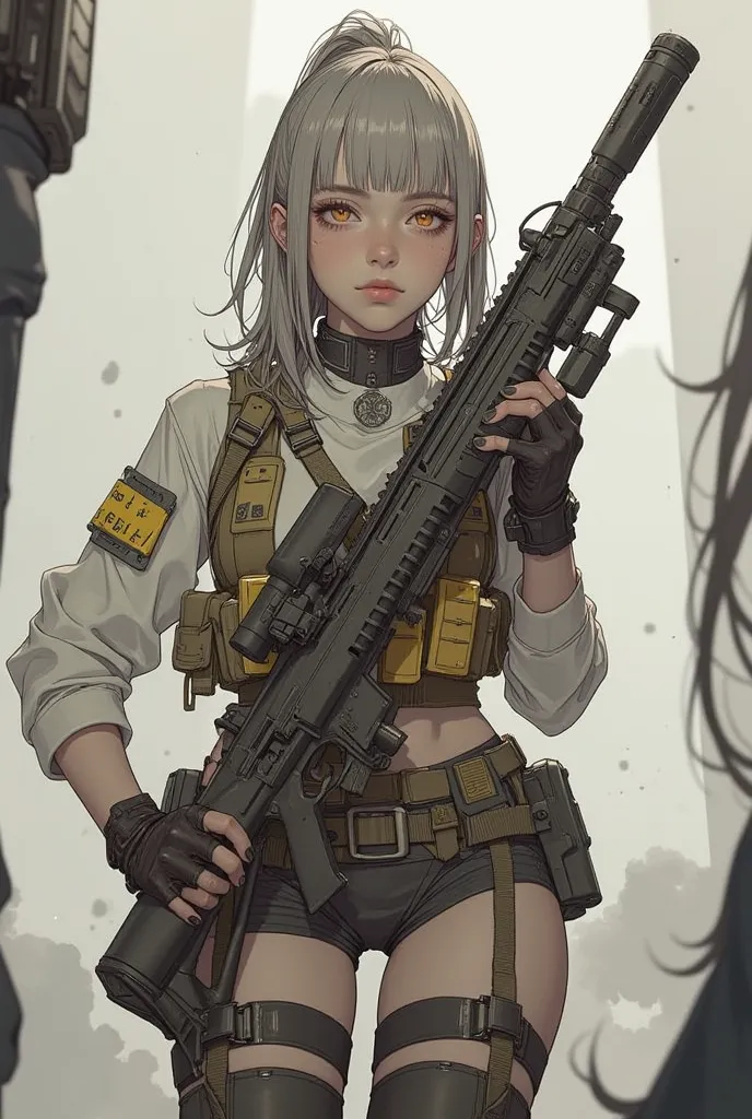 A young woman with light gray/ash blonde hair, styled in a slightly tousled fashion, is depicted in a  semi-realistic anime style.  She is holding a modern military-style rifle, and appears to be in her late s or early twenties.  Her skin tone is light, an...