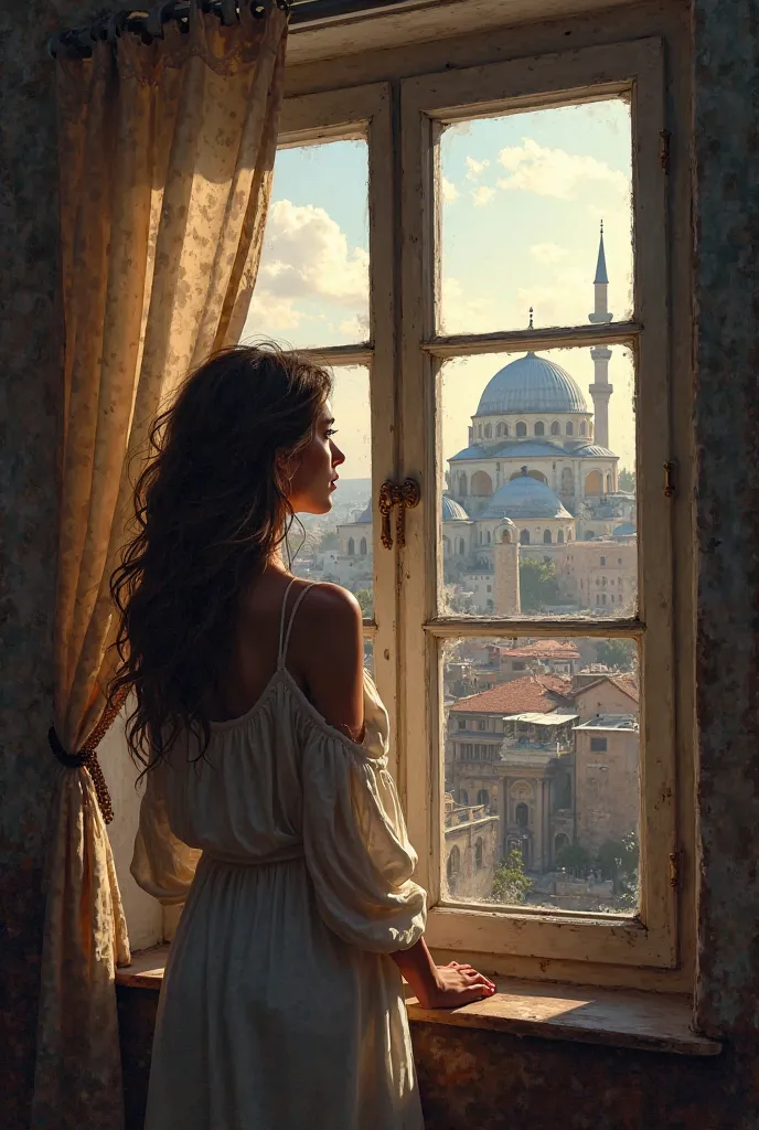 a woman looking through the window of a house in the novel. roman coliseum and istanbul from the window/Hagia Sophia is visible