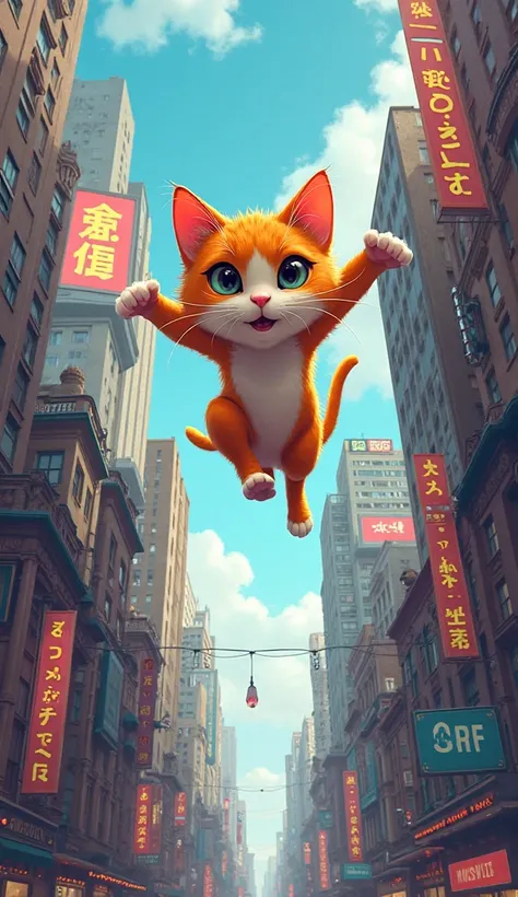 A HUL VERSION CAT JUMPING ON BUILDINGS IN A CITY