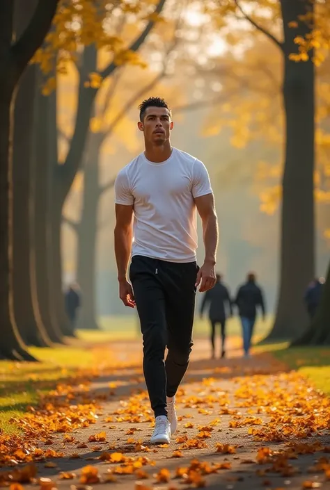 Cristiano Ronaldo Walking Through the Park
A high-definition, highly detailed image of Cristiano Ronaldo walking through a peaceful park with tall trees and fallen autumn leaves. He is wearing a fitted white t-shirt, black joggers, and white sneakers. His ...