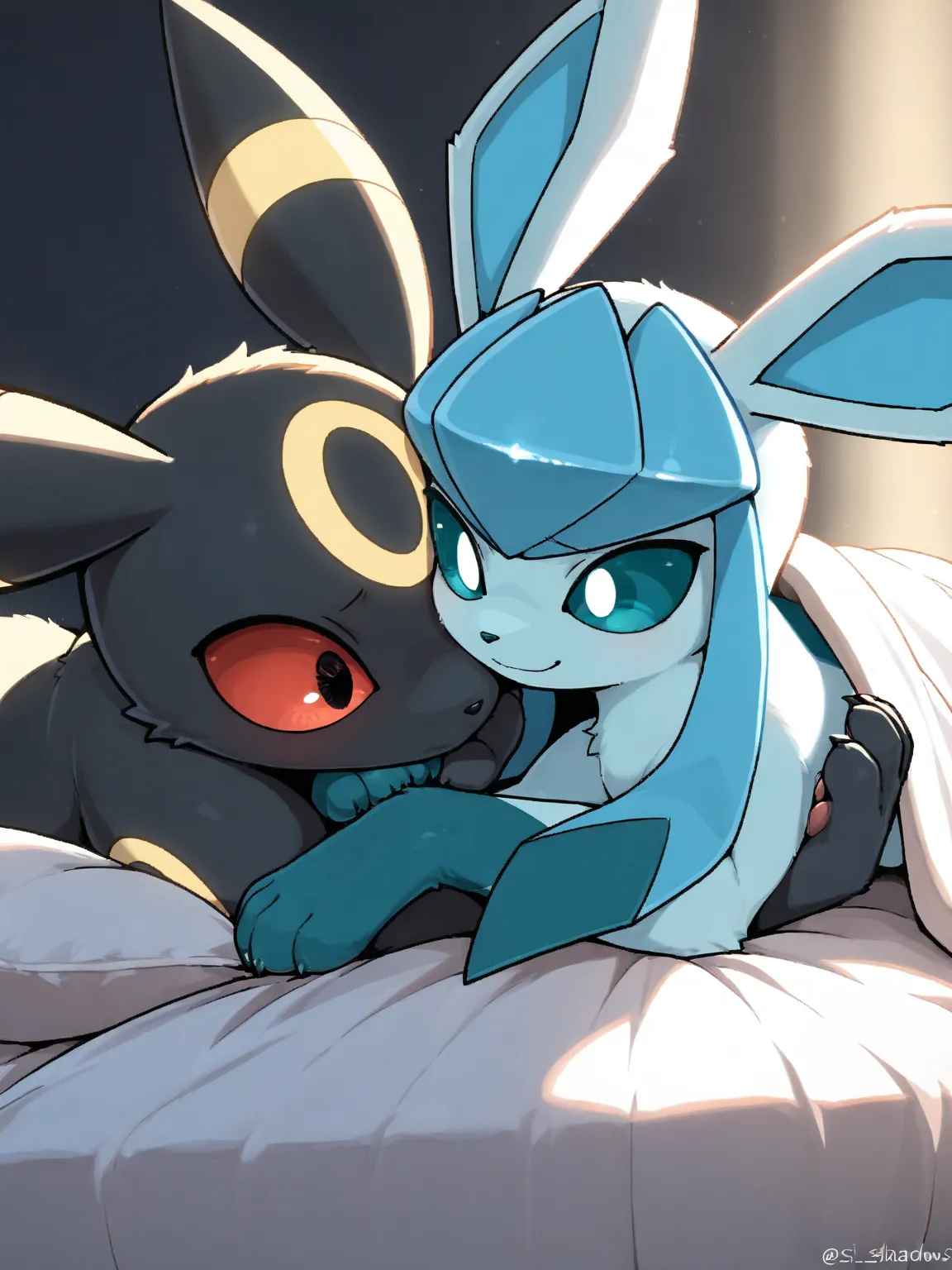 ((Soft Shadows , 4K, hi res,  details face,  details, best quality, masterpiece,  details anatomy,  details eyes,  details hands with claws,  details feet, perfect lighting, perfect shading)), 2Women, (glaceon, Surprised, I blushed slightly), ((in bed)), (...