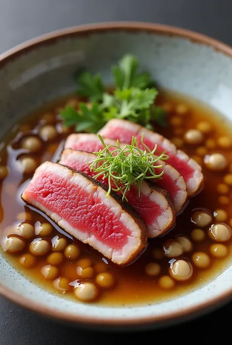 • Tuna tataki with aromatic broth and
soybeans
