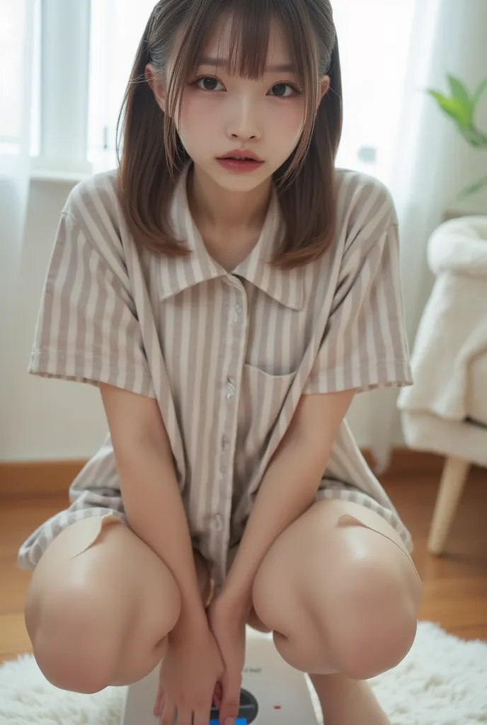 Woman in loungewear stepping on a weight scale, (8k, real, RAW photo, highest quality: 1.4), 25 year old Japanese woman, (beautiful woman: 1.3), very clear vision, (symmetrical eyes: 1.3), perfect dynamic composition, full body portrait, surprised expressi...