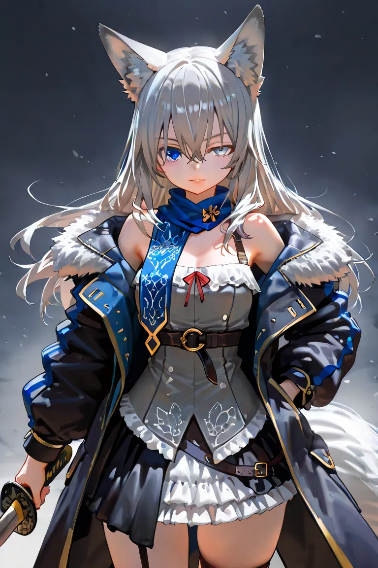 fox girl, fox ears, fox teils, grey hair, long hair, hair between eyes, Bangs Tail, long coat, half skirt, bloodstained, Japanese sword, 1girl, central, parka, off shoulder, beautiful eye,(grey eye:1.5),(blue eye:1.3) HD, high resolution, UHD, top quality,...