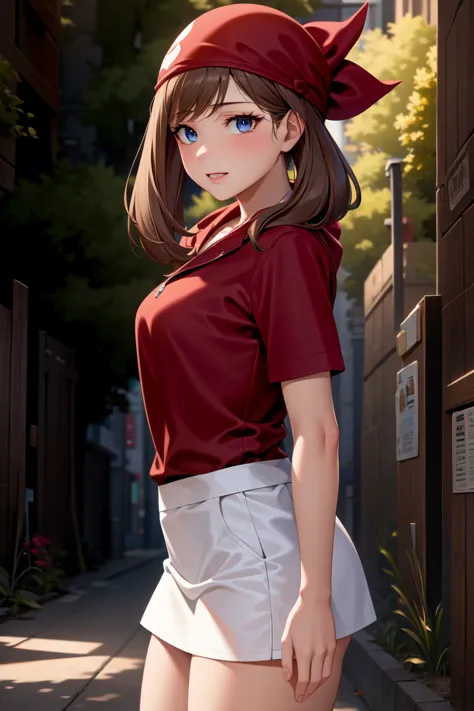 (masterpiece, best quality:1.2), 1girl, solo, red shirt, beautifull face, red bandana, brown hair, black sport shorts, white skirt, cowboy shot, forest, pathway