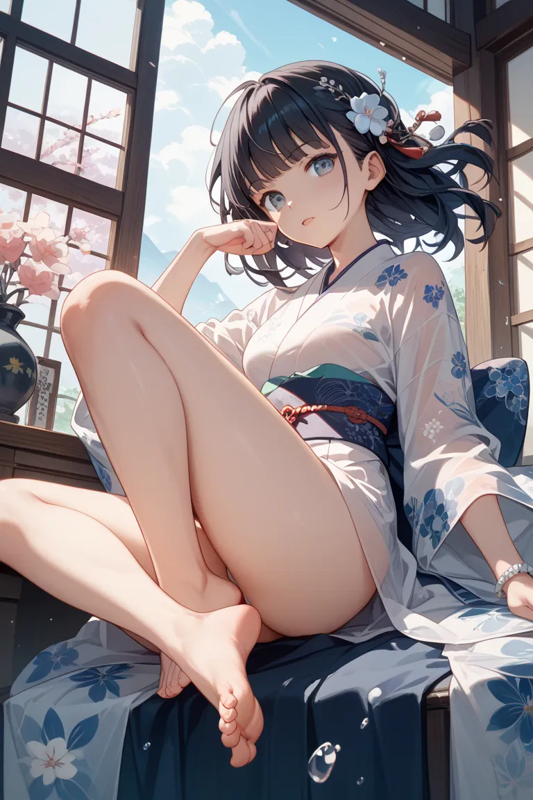 1 Japanese girl、 dark hair、plain white fully transparent kimono、unpatterned clothes、She is sitting in a chair,、open your legs wide、hands by jumping and kicking、Separate your right foot from your left foot