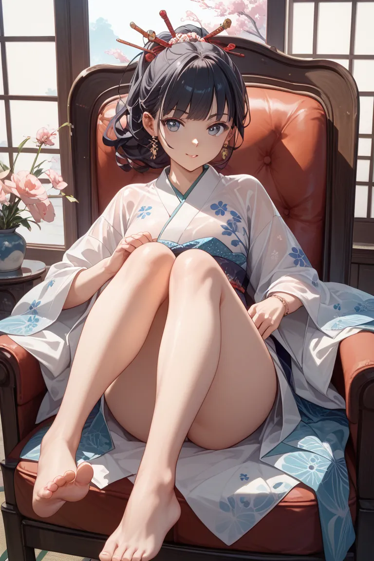 1 Japanese girl、 dark hair、plain white fully transparent kimono、unpatterned clothes、She is sitting in a chair,、open your legs wide、hands by jumping and kicking、Separate your right foot from your left foot