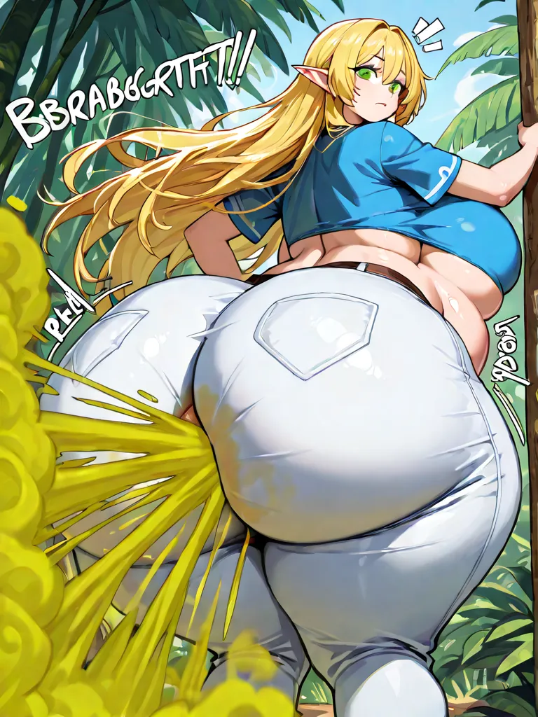 One curvy elf girl is farting big and obscene in a jungle library, shoulder length hair, golden hair, emerald eyes, unbelievably tall girl, blue tunic, white pants, carefree, unconcerned, slob, relaxed, standing, huge breast, huge butt, massive butt, giant...