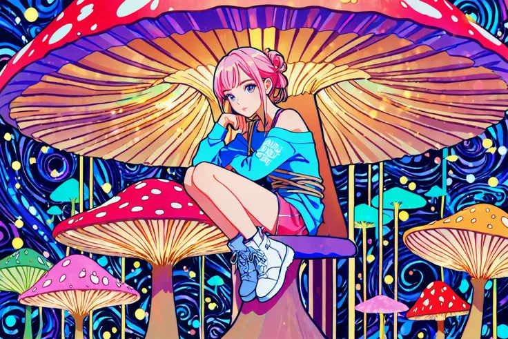 1 girl crouching, beautiful 18 year old girl ,Pink hair tied up,bare shoulders,Sitting on a giant mushroom,elegant,chic,【Contemporary,fashionable, is dull,soft writing,art nouveau,psychedelic anime style,colorful,Trippy,bright colors,Bokeh