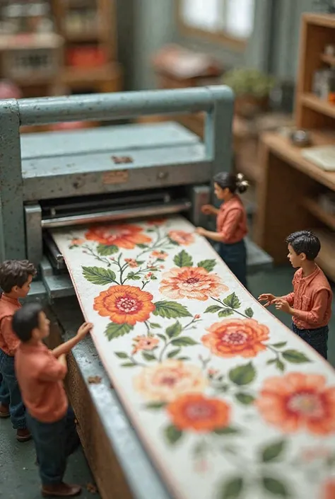 "Inside a small factory, tiny figures operate a modern printing machine to transfer the floral design onto fabric. Some figures inspect the quality of the print, while others roll out freshly printed fabric with elegant floral patterns."
