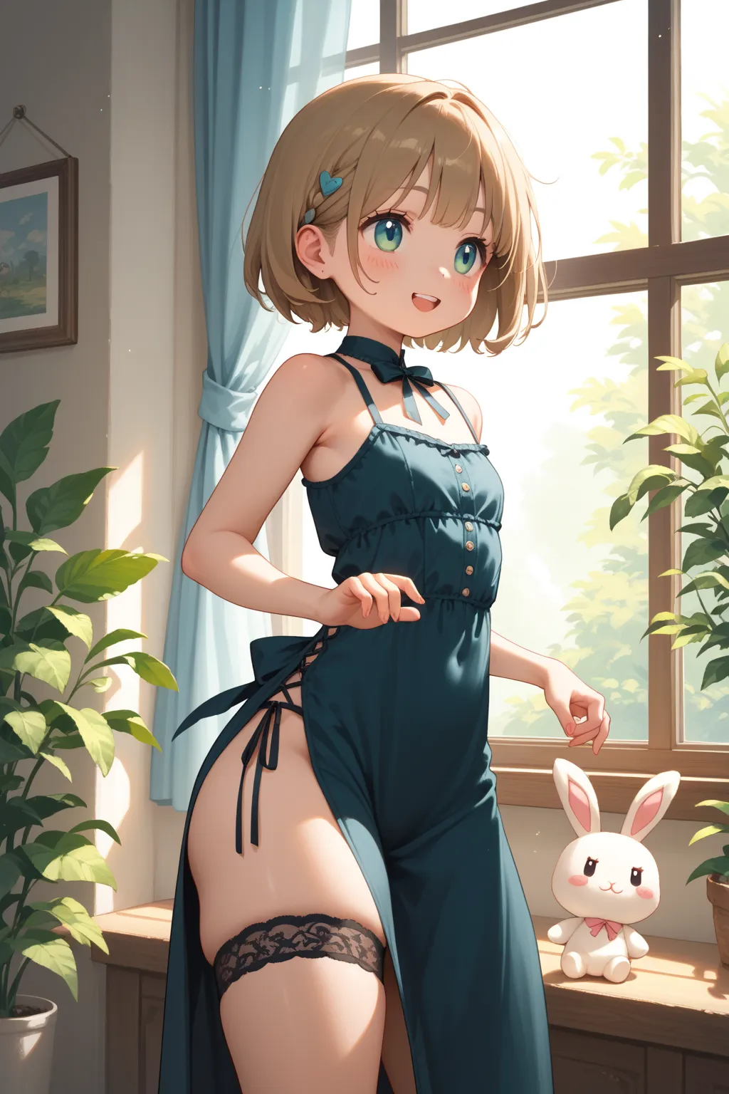 chibi anime , petit girl , round face , show off Thick thighs , bold open side drawstring dress , black garter ring , (heart is beating fast:0.1) , (Rodents tooth) , bold pose , out of frame , looking away , coquettish , stuffed rabbit , turn , At the wind...