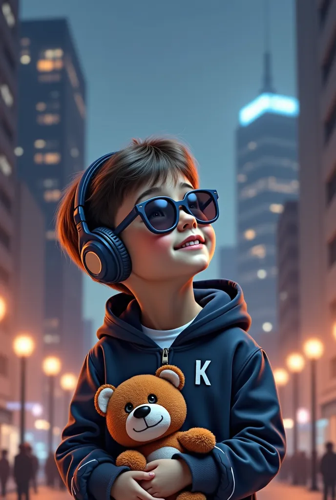 Boy with Plush Bear Wearing Headphones Looking Up at Night City {x} Boy in a hoodie and jumper holding a stuffed bear wearing headphones,Back view of boy with initial K wearing sunglasses,Photographic Realistic Expression, night background,Soft warm lighti...