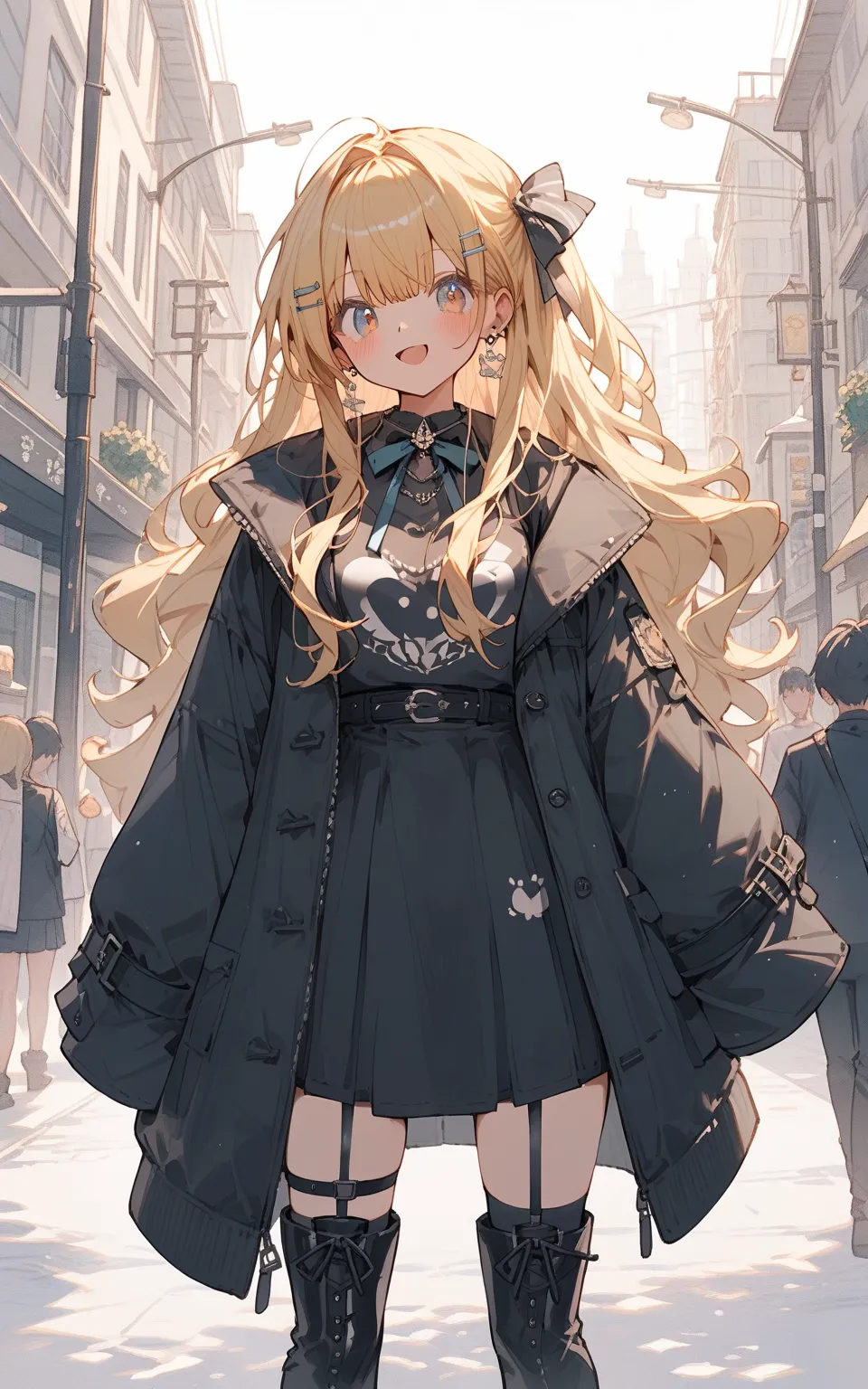 「冬のストリートファッションアイコン」
Cute girl, (masterpiece: 1.2), (best quality: 1.2), (high definition: 1.1), stylish blonde gyaru in black oversized coat, mini skirt, and thigh-high boots, walking down busy winter street. Dramatic street lighting, cool urban color pale...