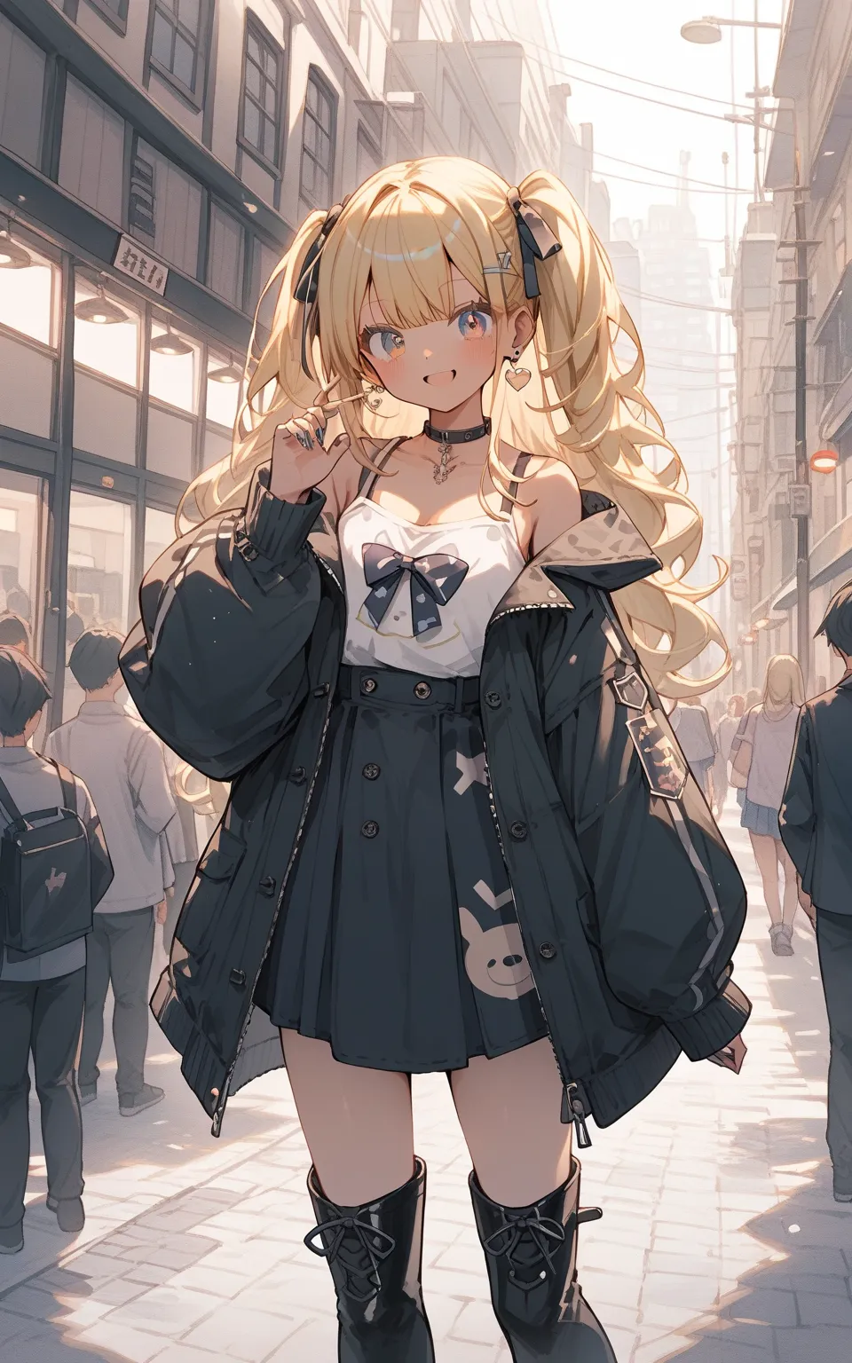 「冬のストリートファッションアイコン」
Cute girl, (masterpiece: 1.2), (best quality: 1.2), (high definition: 1.1), stylish blonde gyaru in black oversized coat, mini skirt, and thigh-high boots, walking down busy winter street. Dramatic street lighting, cool urban color pale...