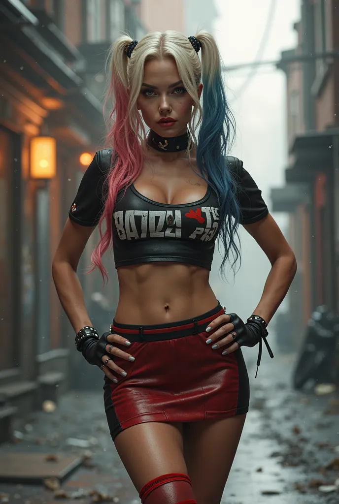 Harley Quinn coquine , tenue sexy courte , short tee shirt court , debout jambes écartées les mains sur les hanches  , photo réaliste, corps entier vue de loin 