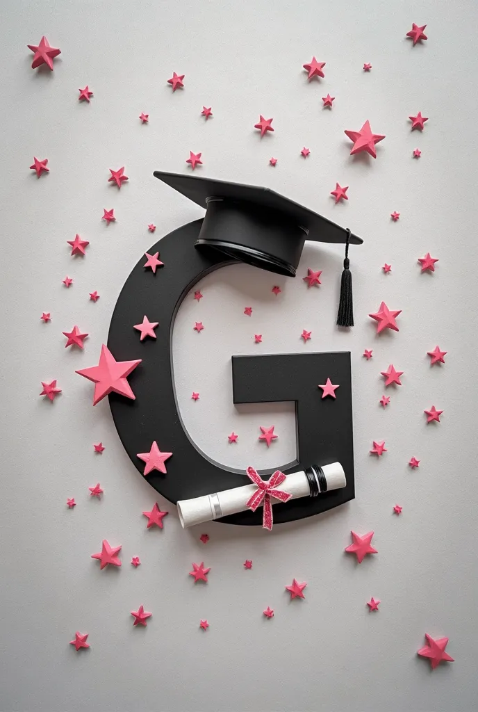 a gray welpaper with small pink stars inside inside it i want a word "GTAS" where the "G letter" On top of it is a graduation cap then the "T letter " with In the form of a closed graduation certificate and wearing a graduation gown 