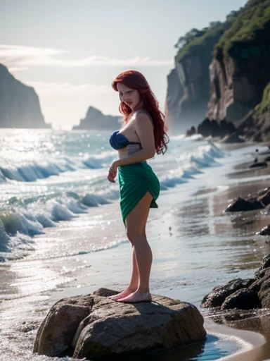 My little mermaid , redhead, huge big breasts, sobre una roca, posando sexy, full body portrait, las olas chocan contra las rocas , sol , paisaje 