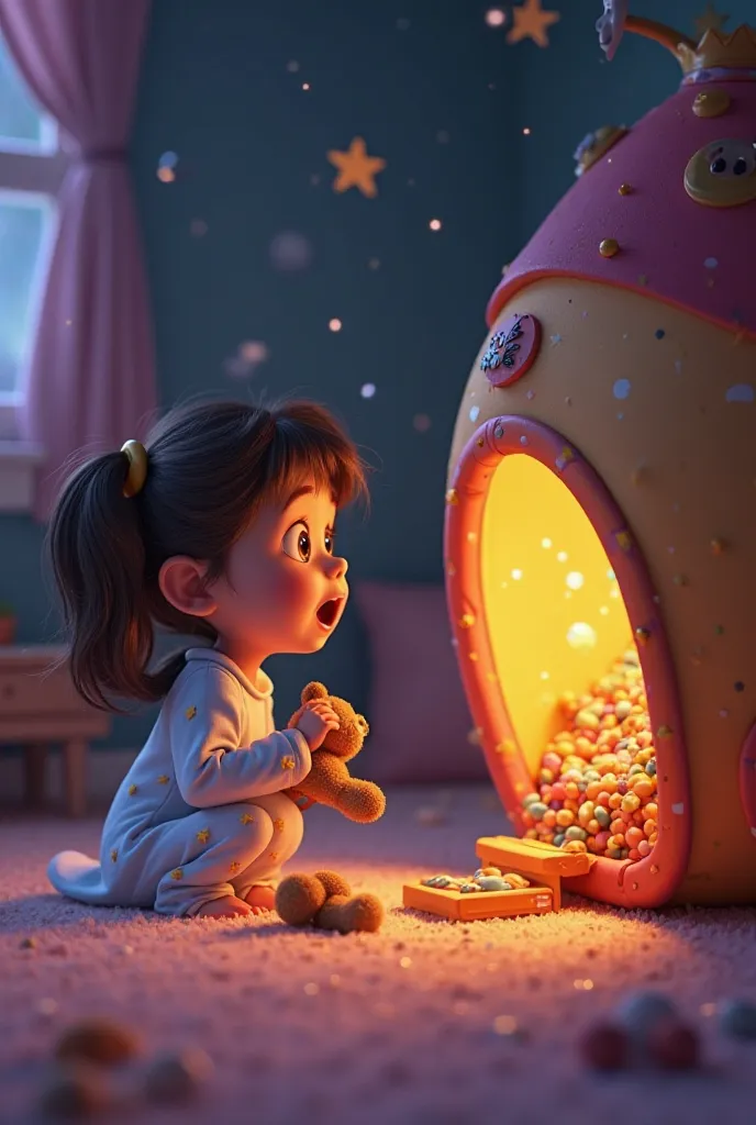 Mostre Food se aproximando da arca de brinquedos no quarto, with curious expression and surprise,  in Disney Pixar style. The ark is large , colorful and mysterious. She must be slightly open, with a soft glow coming out of the inside, suggesting that ther...