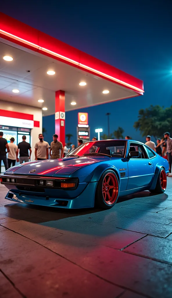 Create a high-quality photograph of a Brazilian car meet-up featuring customized and lowered cars at a modern gas station with a convenience store in Brazil. The scene is hyper-realistic, with a background of people admiring the cars, socializing, and enjo...