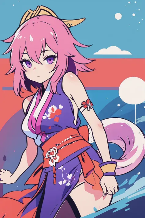  Yae Miko , pink hair near MM, purple eyes,  bottom tail art style