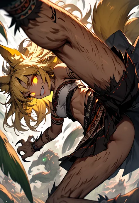 Alone, female, close up, Fox Ears, yellow ears,  yellow hair,  golden eyes, wild, hairy claws , monster girl,  fox girl, improvised used clothes, Tube top, skirt, feather ornaments, looking at the viewer, selva,  smile,  beautiful, wild, curve,  action pos...